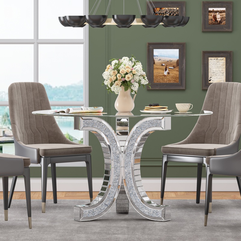 Douty 52'' Mirror Glass Pedestal Dining Table with Tempered Glass Tabletop