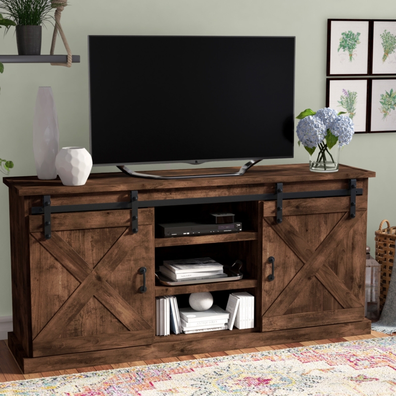 Rustic Corner TV Stand with Sliding Doors