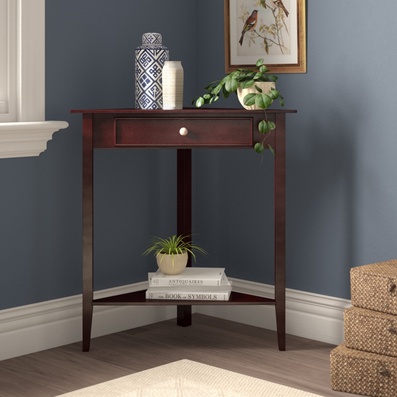 Corner Table with Drawer and Display Shelf