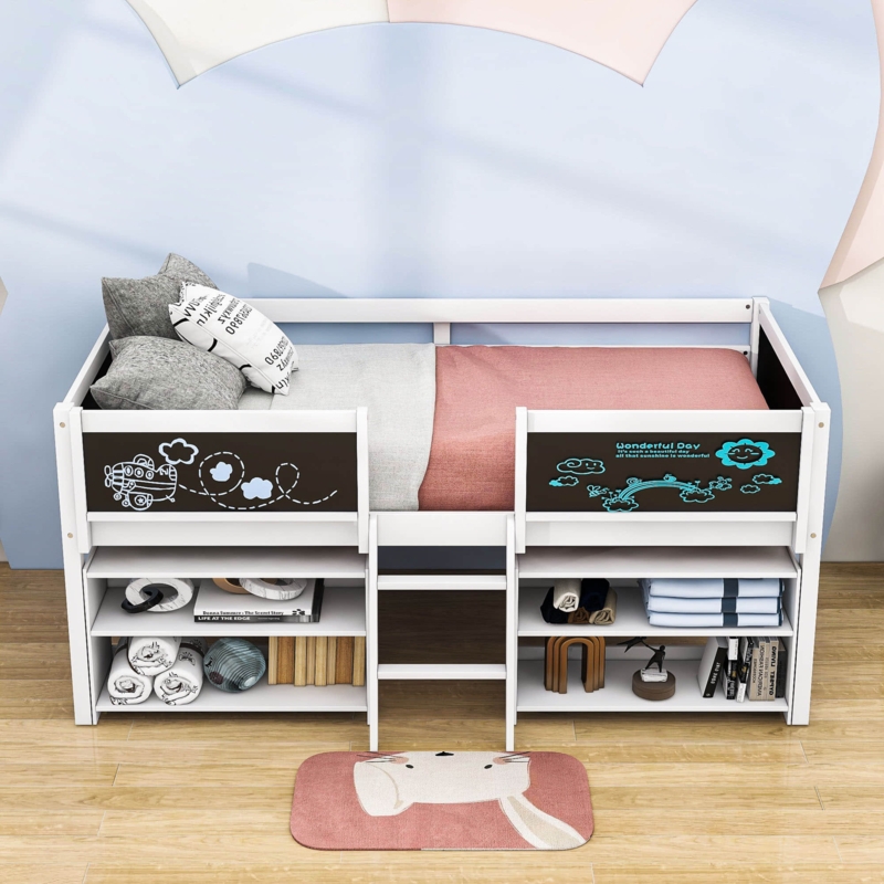 Low Loft Bed with Built-in Staircase and Shelves
