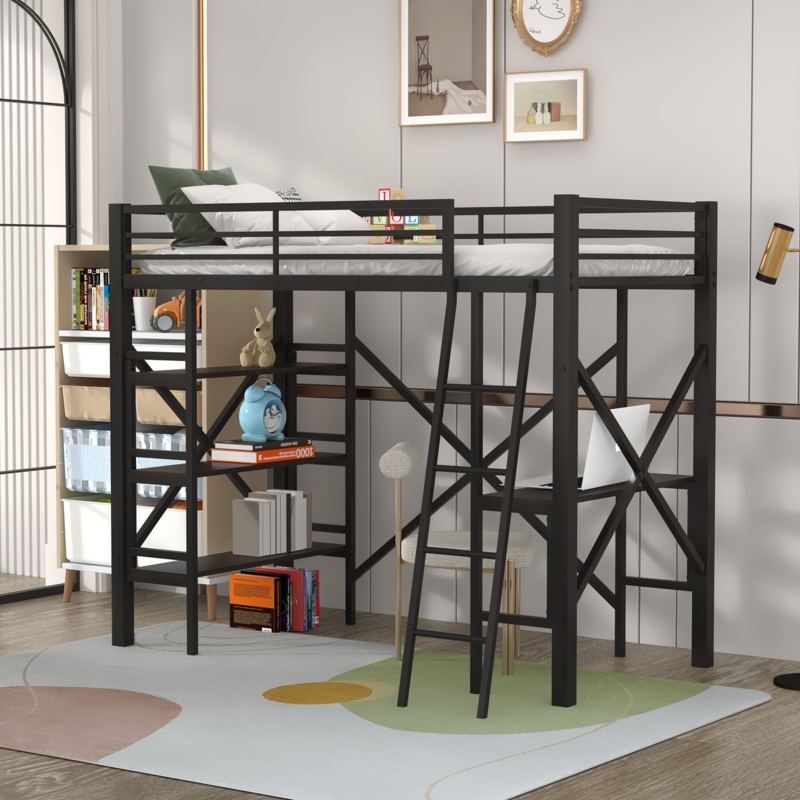 Loft Bed with Workstation and Storage Shelves