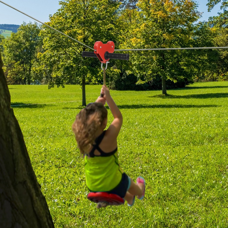 EDOSTORY 98 Feet Zip Line Kit For Kids And Adult Up To 330Lb With Stainless Steel Ziplines Spring Brake And Safety Harness, Red