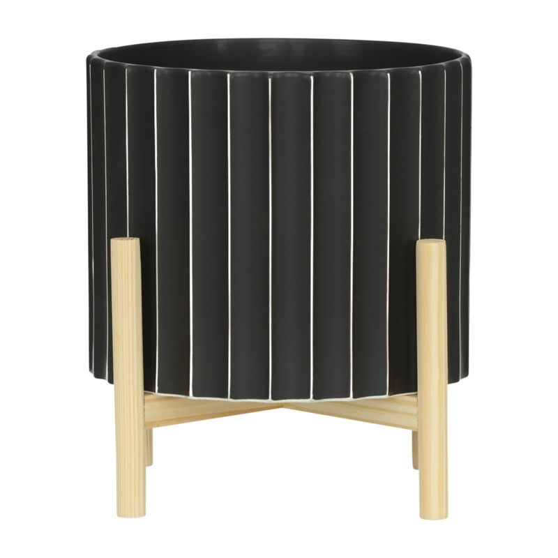 Eirlys Ceramic Planter - Black Planter Elevated on Wooden Stand with Fluted Design