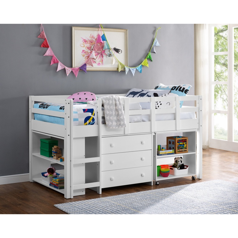 Eirwen Twin Loft Bed, Desk Low Study Kids with Storage Pine Wood with Cabinet Ladder, Bookcase Shelf