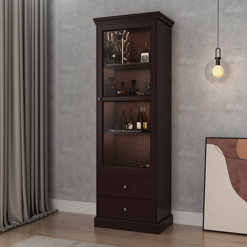 Elegant walnut wood curio cabinet with soft close drawers