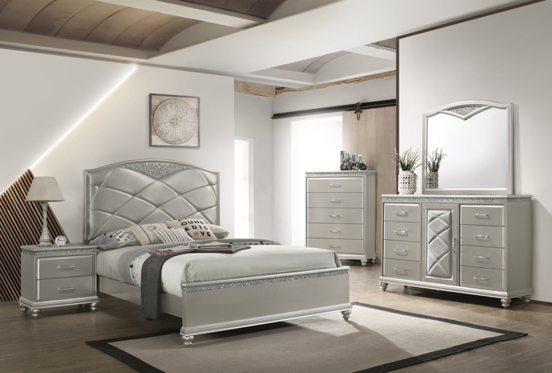 Champagne Silver Upholstered Panel Bedroom Set - 3 Piece Queen