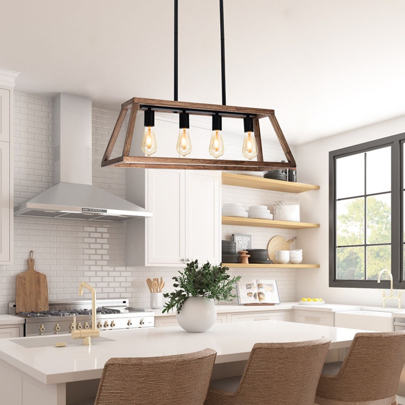 Elutheria 4 - Light Kitchen Island Linear Pendant with Wood Accents