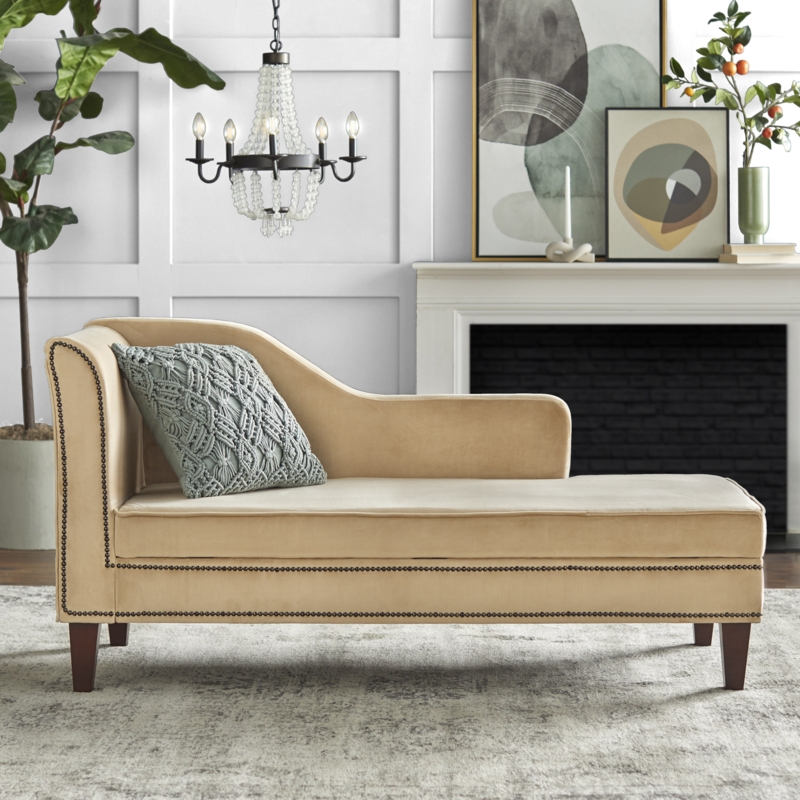 Velvet Storage Chaise with Nailhead Trim