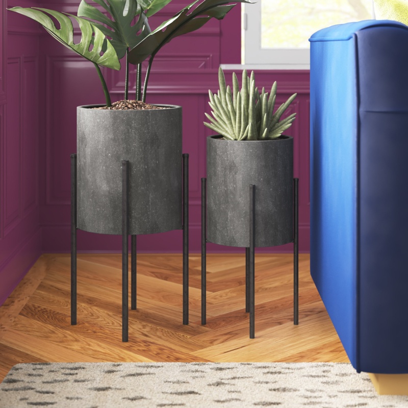Emilia 2 Piece Metal Indoor Outdoor Textured Exterior Planter Set