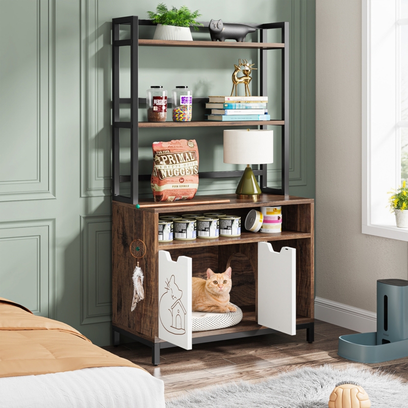 Cat Litter Box Enclosure with Storage and Shelves