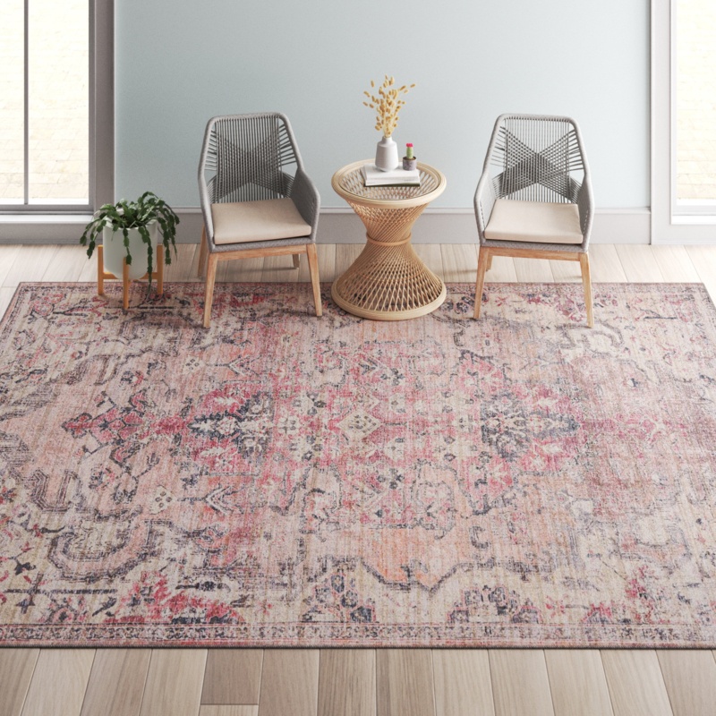 Engelman Machine Woven / Power Loomed Chenille Beige/Pink Machine Washable Rug