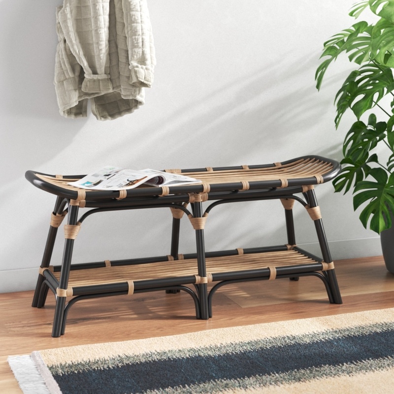 Rattan Bench with Open Shelf Storage