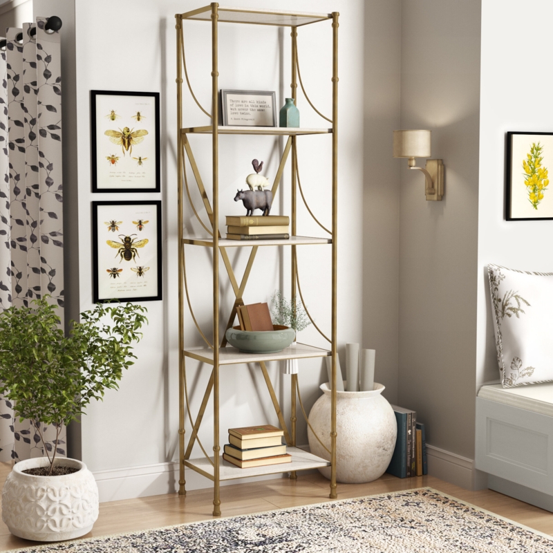 White Marble and Brushed Brass Shelving Unit