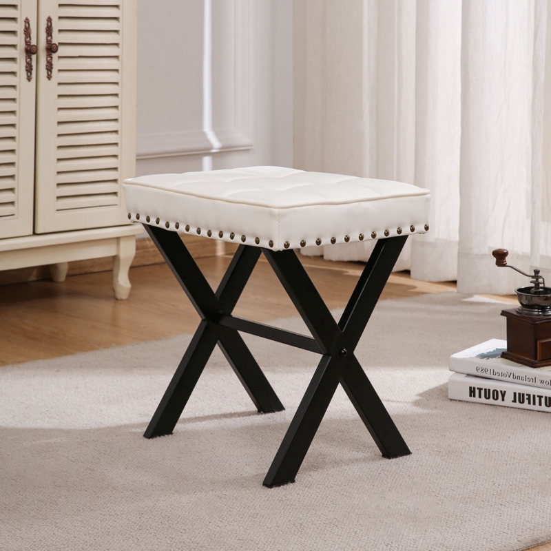 Upholstered Footstool with X-Shaped Metal Legs