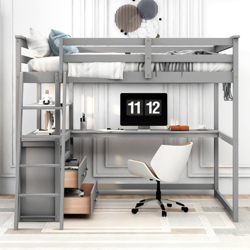 Loft Bed with Desk and Storage Shelves