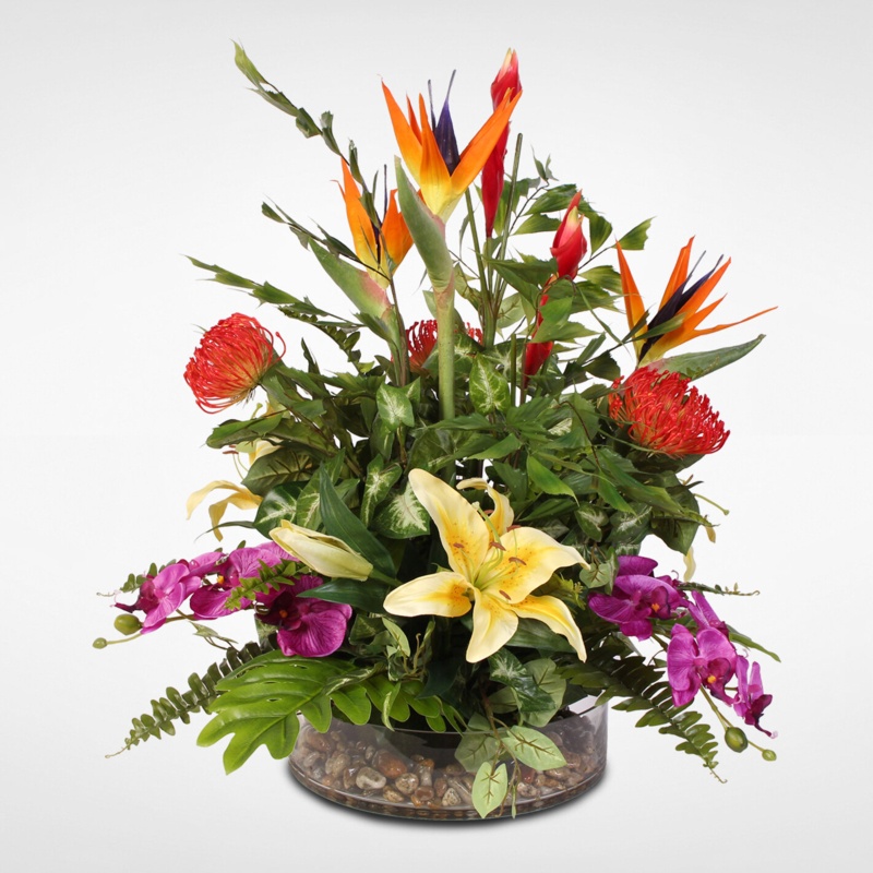 Exotic Tropical Silk Mixed Floral Arrangement in Glass Bowl