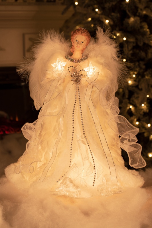 Fabric 10-Light Angel with Fur Coat Tree Topper
