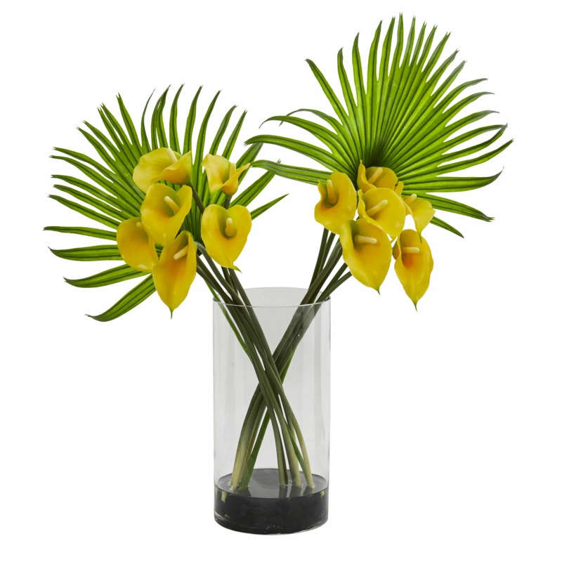 Fan Palm Calla Lilies Floral Arrangement in Vase