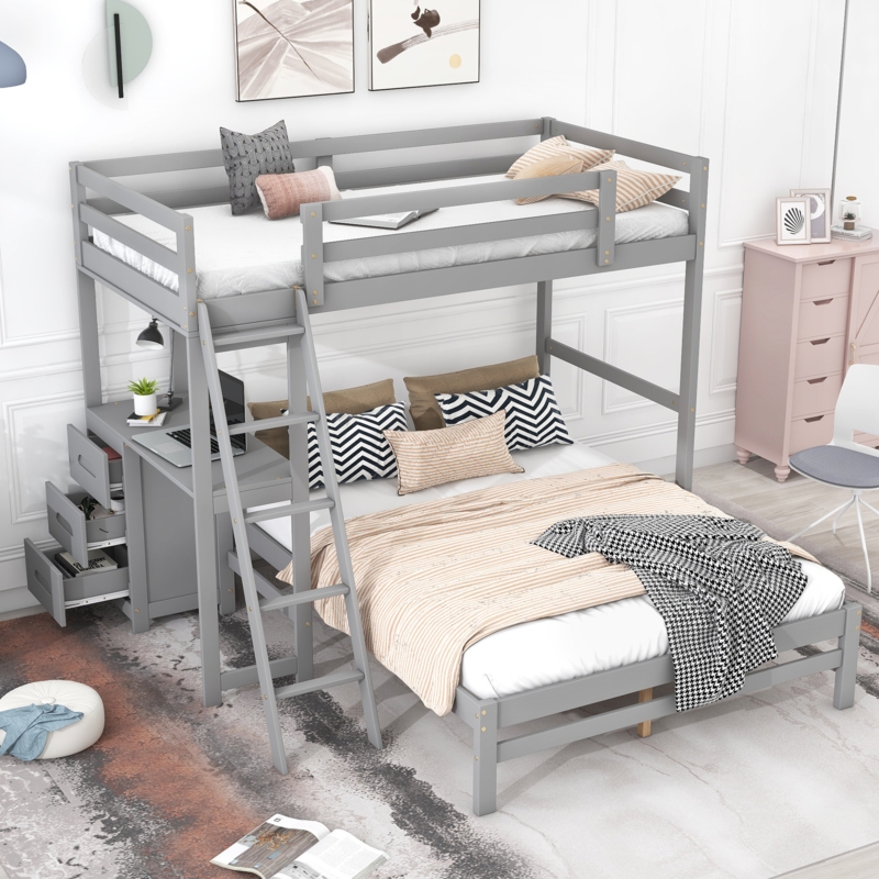 L-Shaped Bunk Bed with Desk and Storage