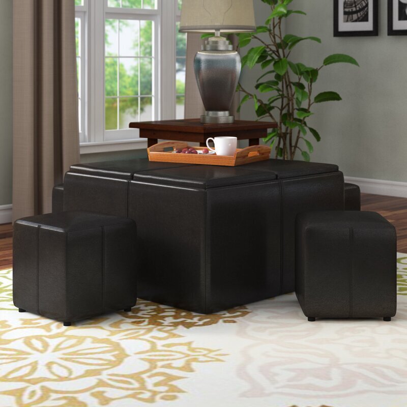Faux Leather Coffee Table with Ottoman Underneath