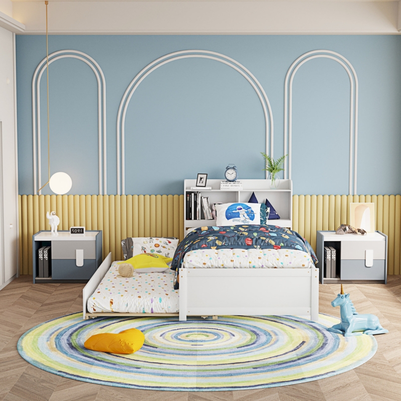 Multifunctional Bookshelf Headboard with Pull-Out Trundle