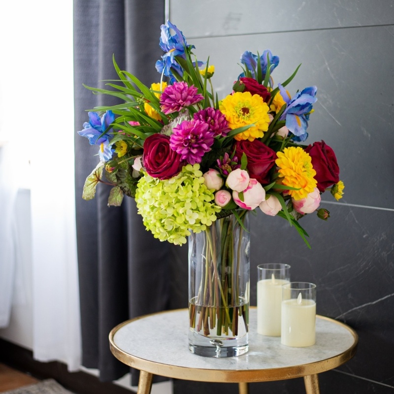 Florabundance Pink Peony, Green Hydrangea, American Beauty Rose, Blue Iris Water Illusion Arrangement