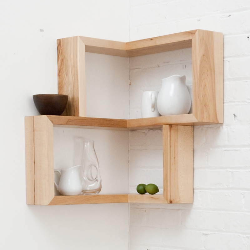 Corner-Mounted Wooden Shelf