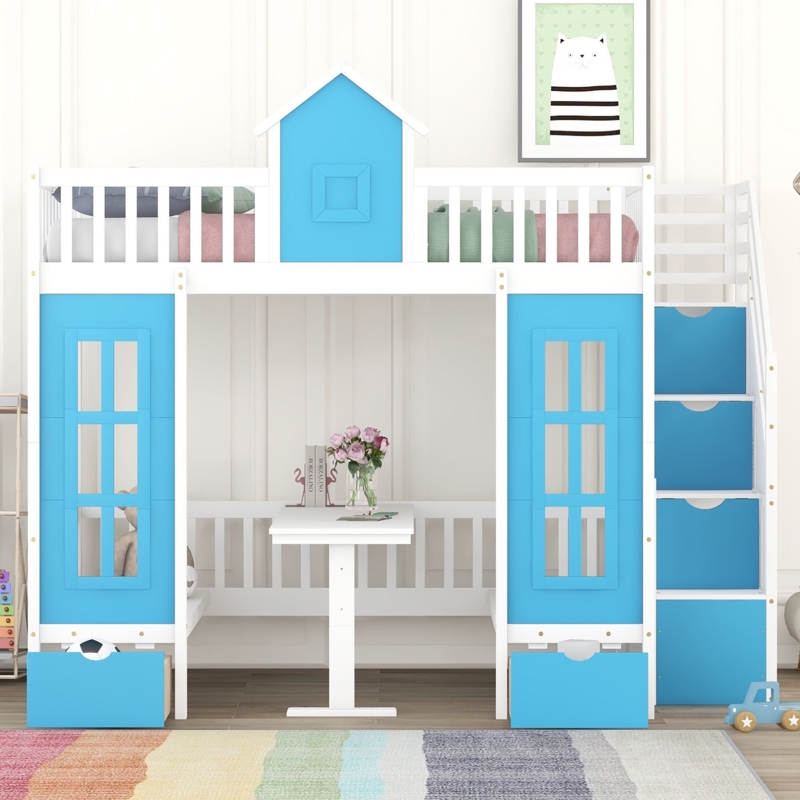 Twin Over Twin Wood Loft Bed with Convertible Table