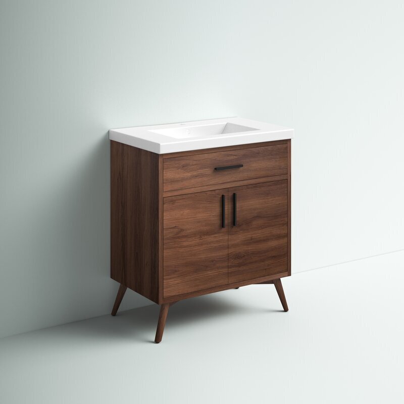Freestanding Dark Wood Vanity With Ceramic Top