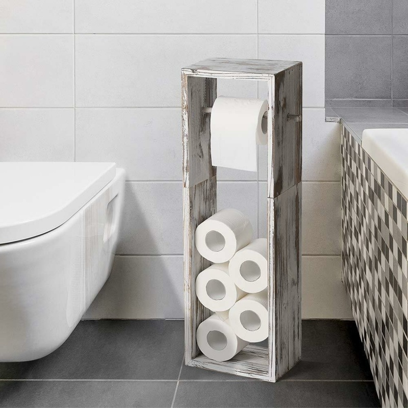 Freestanding Toilet Paper Holder with Natural Wood Storage