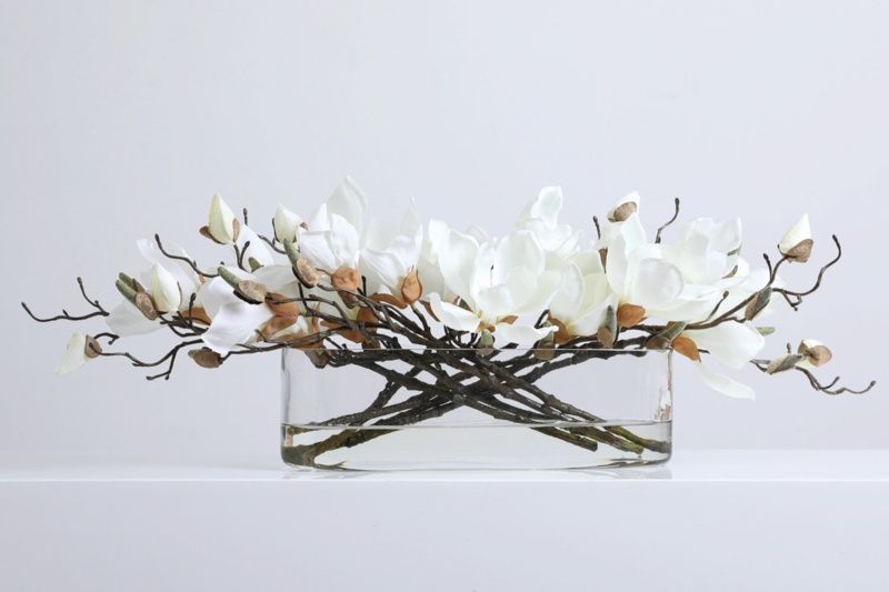 Fuchsia Blooms Floral Centerpiece Water Illusion Magnolia Arrangement in Vase