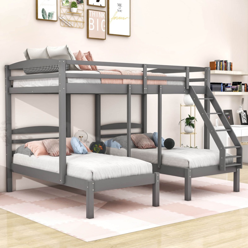 Full Over Twin & Twin 1 Drawer Wooden Triple / Quad Bunk Bed