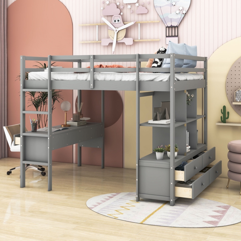 Loft Bed with Desk, Shelves, and Drawers
