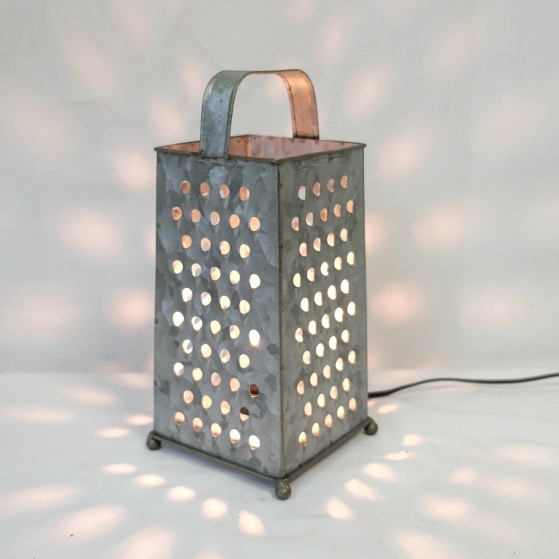 Galvanized Metal Cheese Grater Plug-in Lantern Light