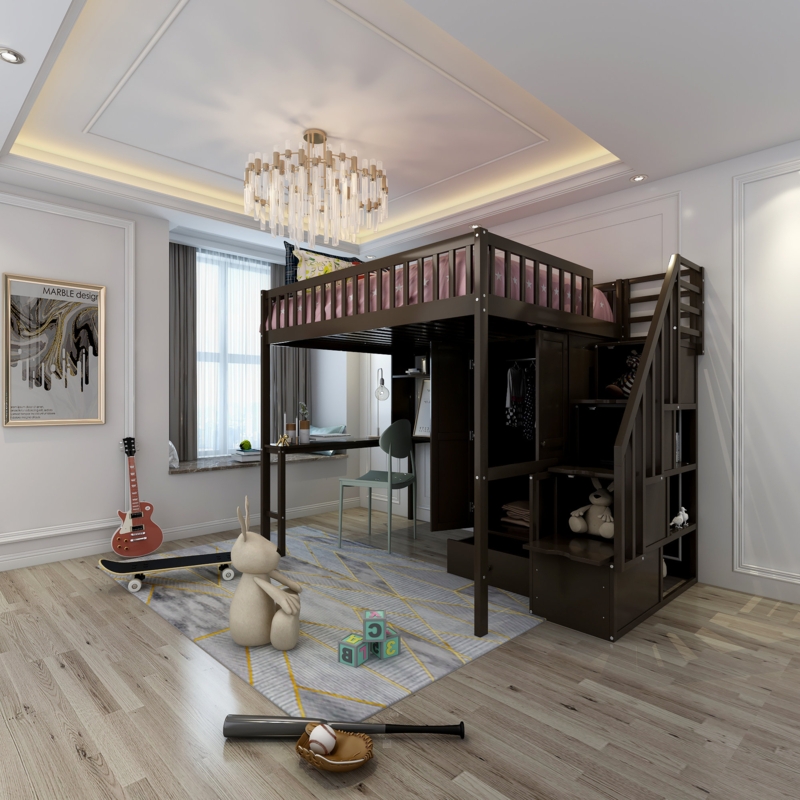 Twin Size Loft Bed with Desk and Storage