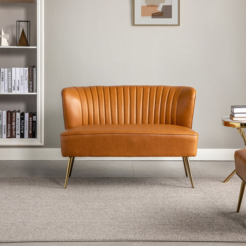 Glam Mid Century Modern Curved Leather Couch