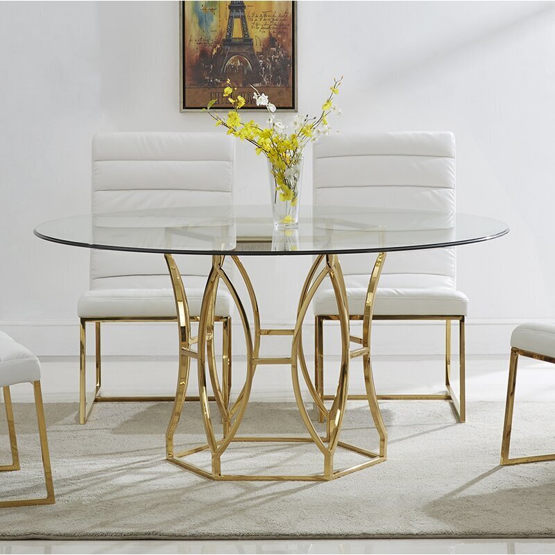 Glamorous Metallic Round Glass Dining Table for 6