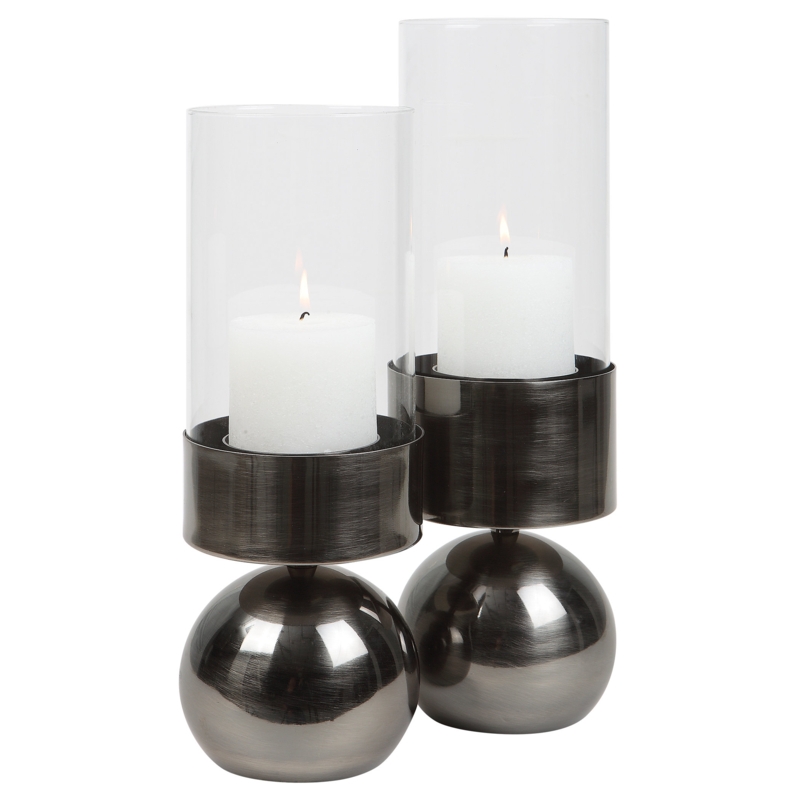 Set of Two Iron and Glass Candleholders