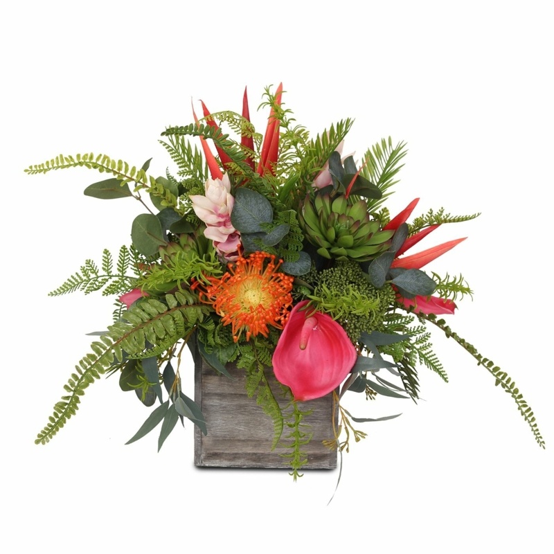 Gorgeous Tropical & Colorful Silk Flower Arrangement In Wooden Pot