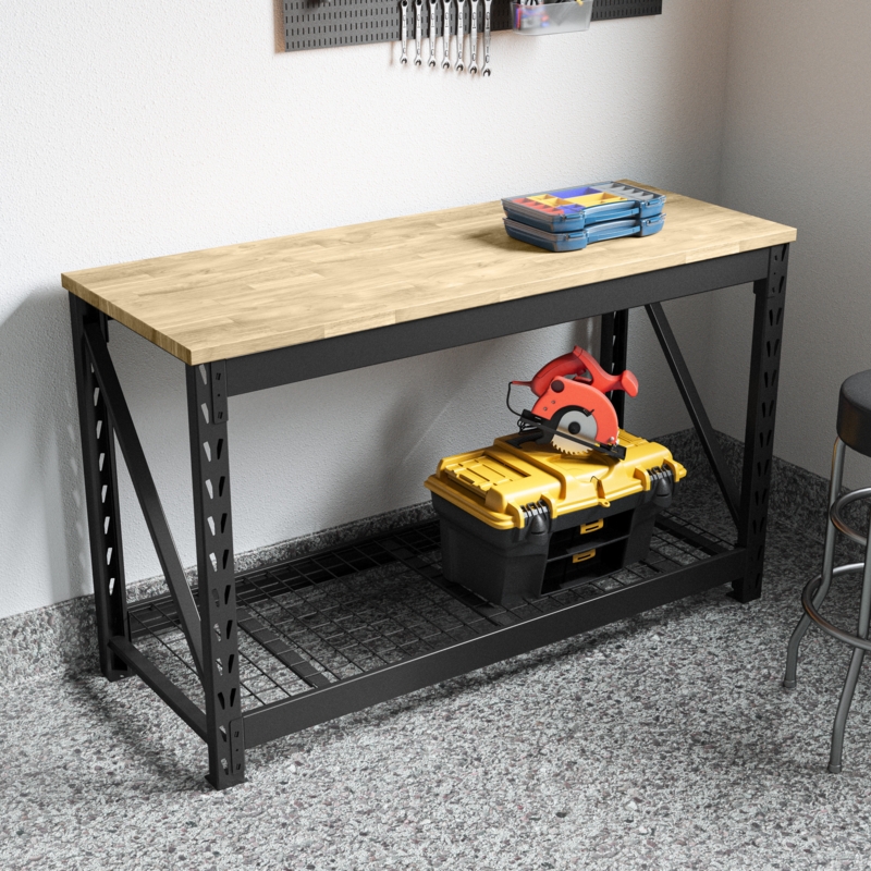 Garage Workbench with Rubberwood Top and Storage Shelf
