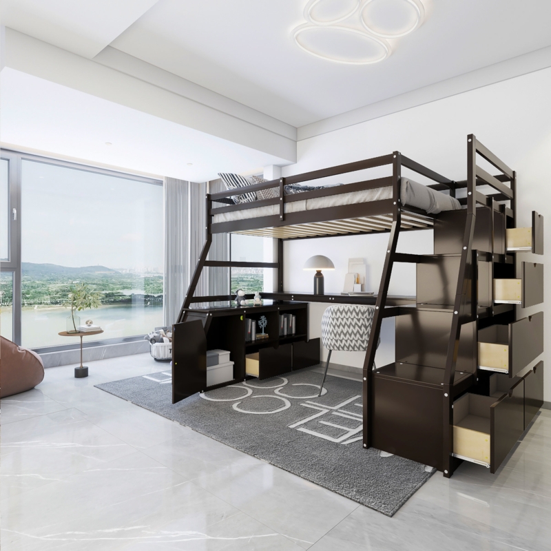 Twin Size Loft Bed with Storage Staircase and Desk