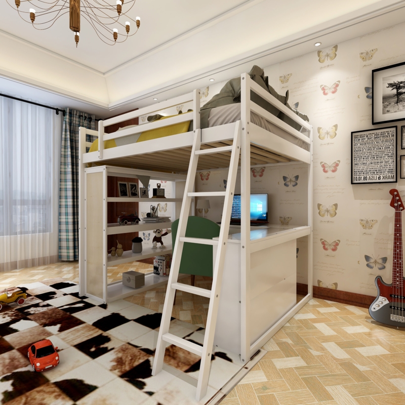 Kids Wood Loft Bed with Desk and Shelves