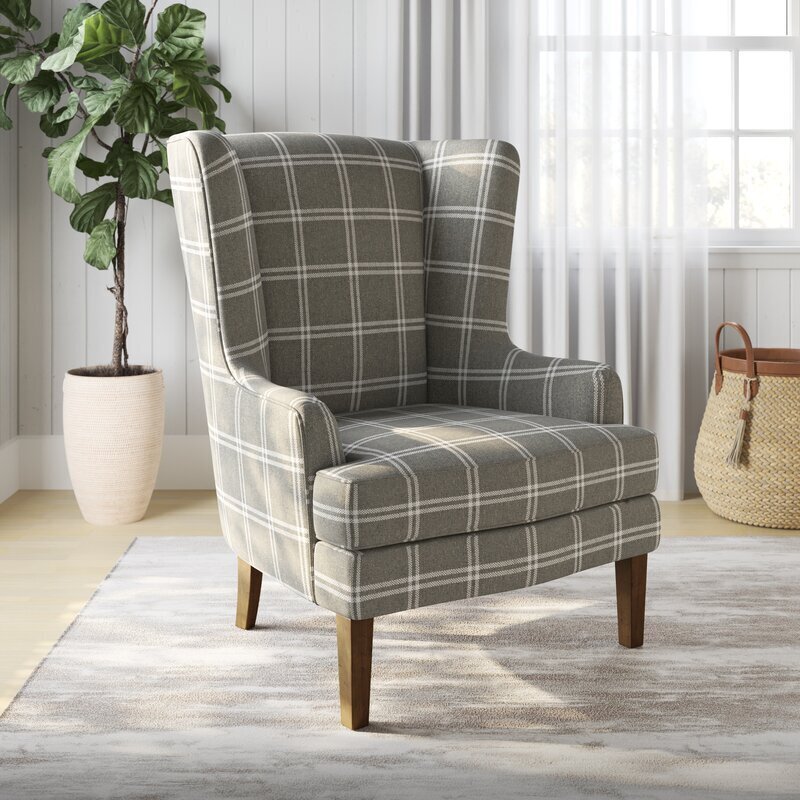 Grey Plaid Wingback Chair 