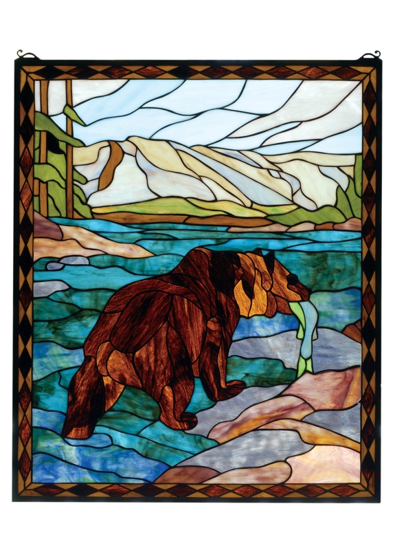 Grizzly Bear Stained Glass Window Panel