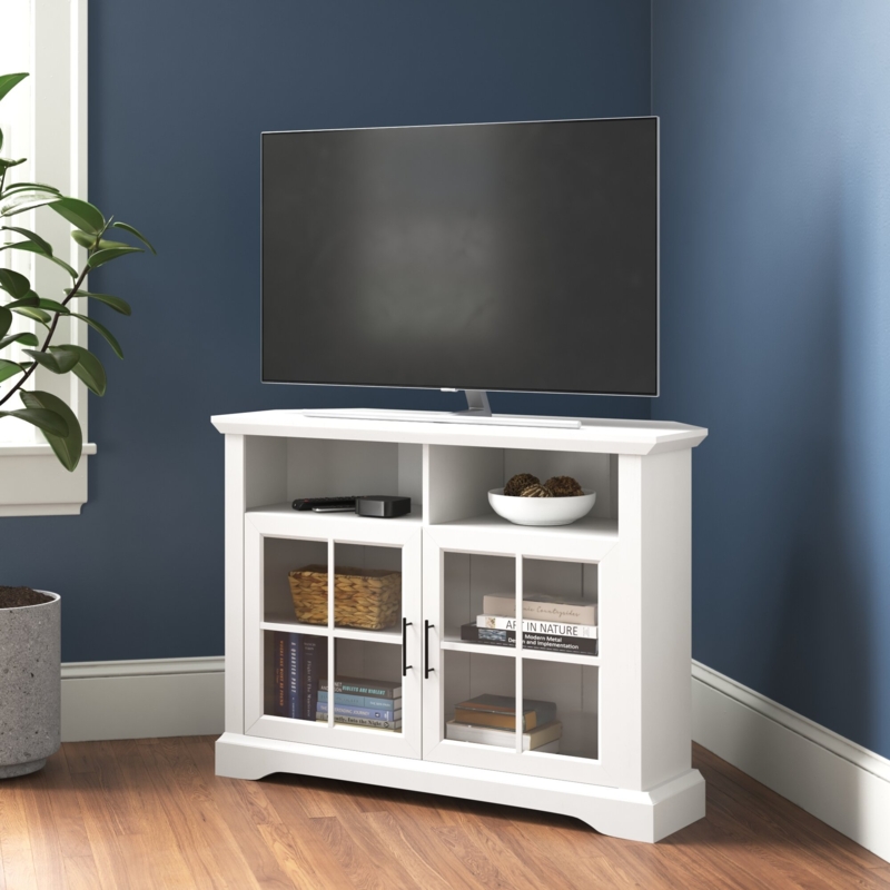 Corner TV Stand with Glass-Door Cabinets