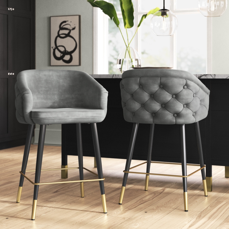 2-Piece Velvet Counter Stool Set with Diamond Button Tufting