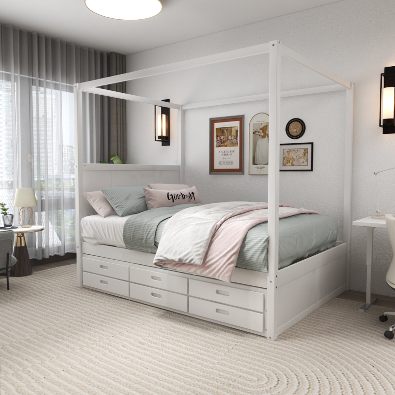 Canopy Platform Bed with Trundle and Drawers