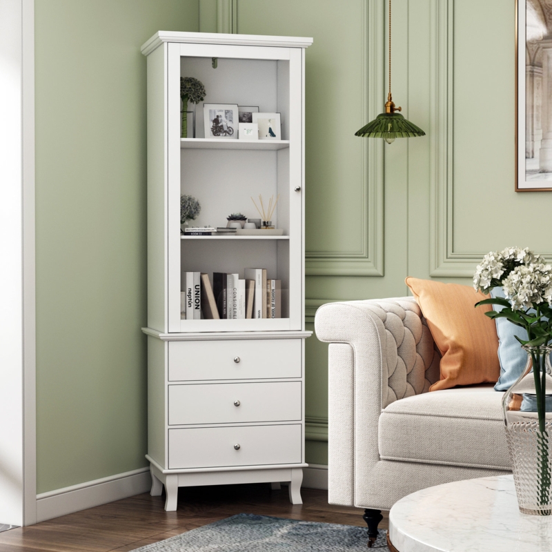 Elegant High Cabinet with Glass Door and Drawers