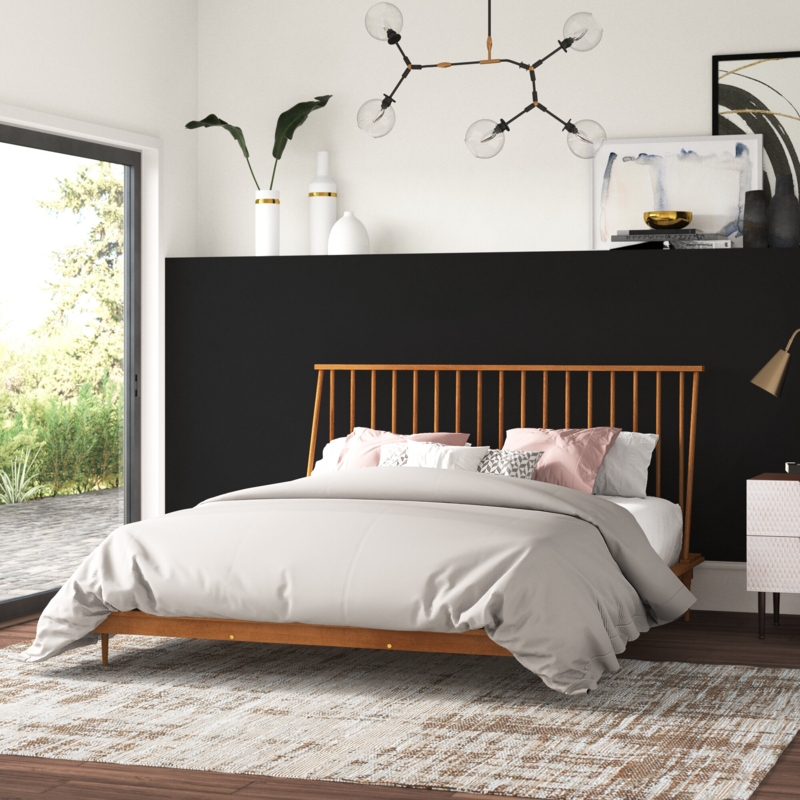 Mid-Century Modern Solid Pine Wood Bed Frame