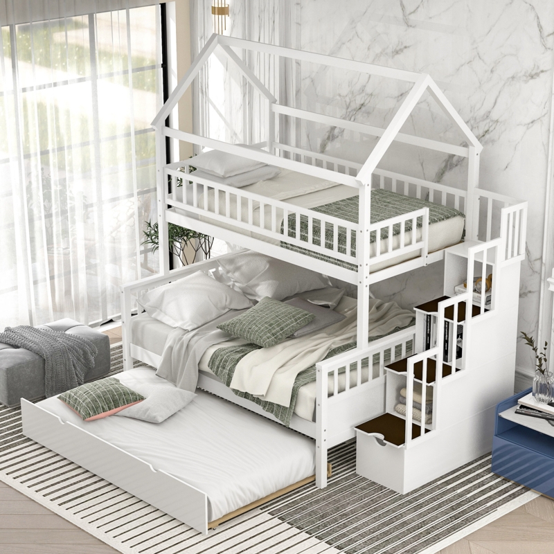 Twin Over Full Bunk Bed with Trundle and Staircase Storage